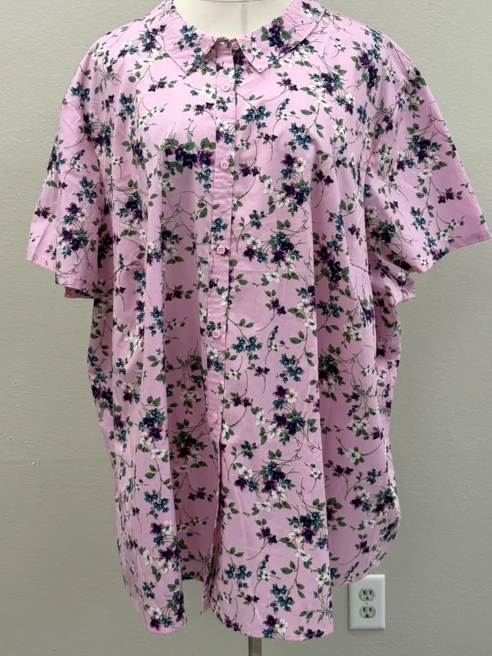 Woman Within Pink Floral Short-Sleeve Collared Button Down Shirt - Size 42 (6X)